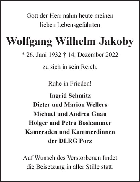 Traueranzeigen Von Wolfgang Jakoby WirTrauern