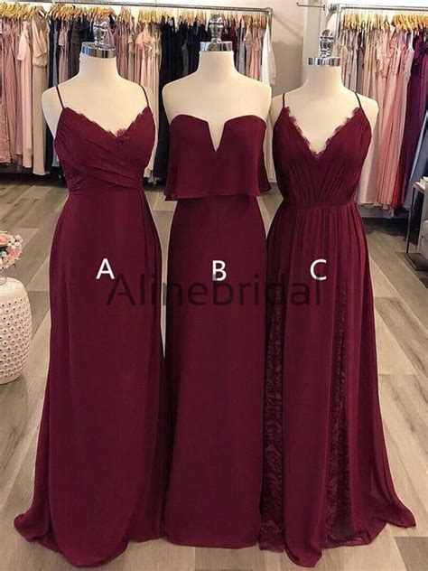 Maroon Chiffon Mismatched Simple Long Bridesmaid Dresses Ab4117