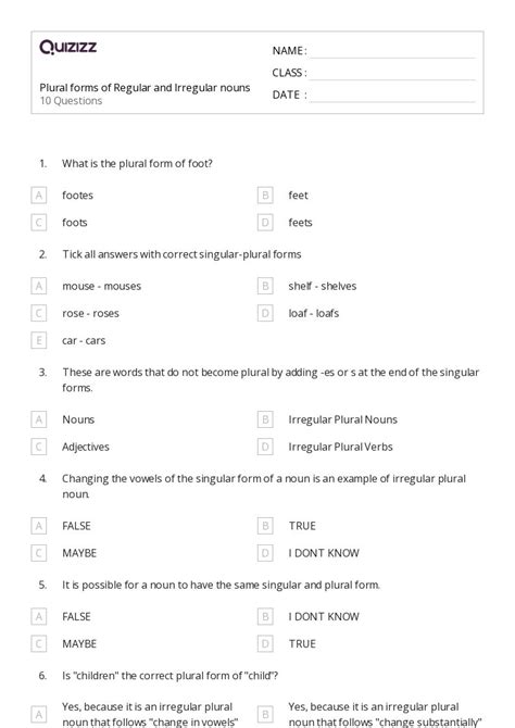 50+ Irregular Plural Forms worksheets for 6th Class on Quizizz | Free ...