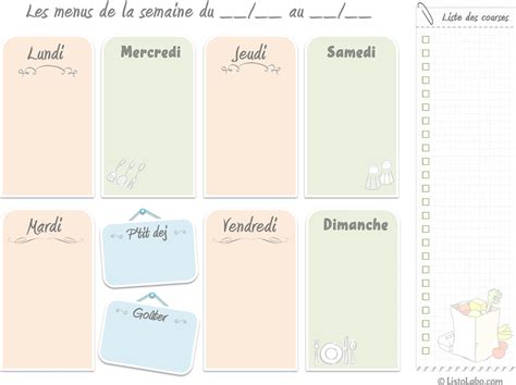 Menus De La Semaine Imprimer Plannings Pdf Vierges Gratuits