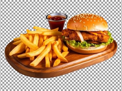 Premium Psd Delicious Fried Chicken Burger With French Fries Isolated