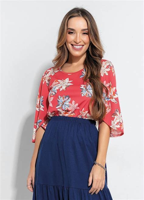 Blusa Manga Floral Coral Moda Evang Lica Queima De Estoque