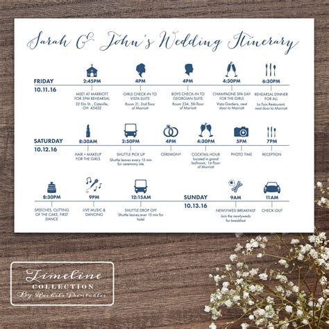 Printable Wedding Timeline Day Of Itinerary Schedule Card Three Lines