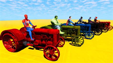 HEROES RACING TRACTORS SPIDERMAN With SUPERHEROES On DOUBLE MEGA RAMP