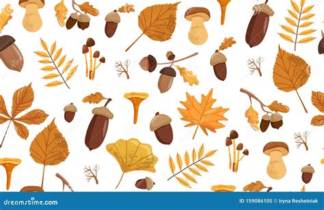 Autumn Seamless Pattern With Various Mushrooms Acorns And Leaves