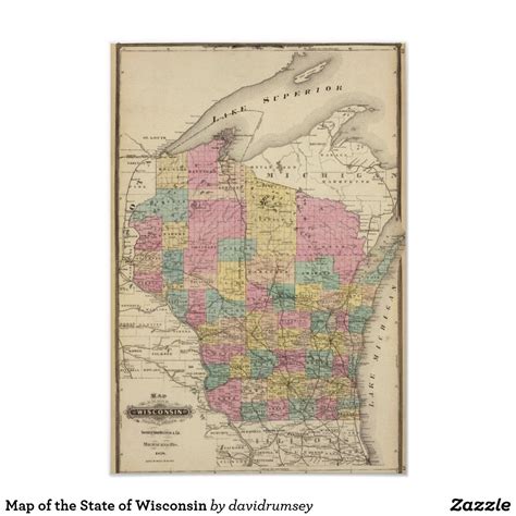 Map Of The State Of Wisconsin Poster Poster Art Map Poster