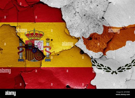 Flags Of Spain And Cyprus Painted On Cracked Wall Stock Photo Alamy