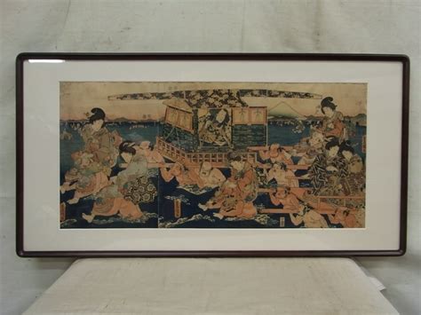 E3484 三代 歌川豊国 大井川歩渡之図 木版画 三枚綴 扁額 浮世絵浮世絵、版画｜売買されたオークション情報、yahooの商品情報を