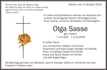 Traueranzeigen Von Olga Sasse Schwaebische De Trauerportal