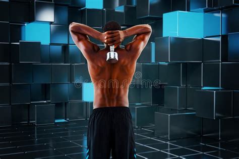 Composite Image Of Rear View Of A Fit Shirtless Man Lifting Dumbbell