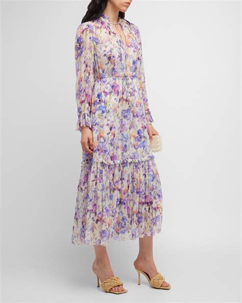 Zimmermann Tama Floral Semisheer Tiered Long Sleeve Silk Midi Dress In