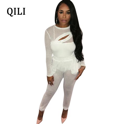 Qili White 2 Piece Set Women Jumpsuits Sexy Hollow Out Mesh Long Sleeve