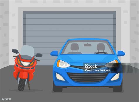 Mengendarai Mobil Tampak Depan Mobil Biru Dan Sepeda Motor Merah Di