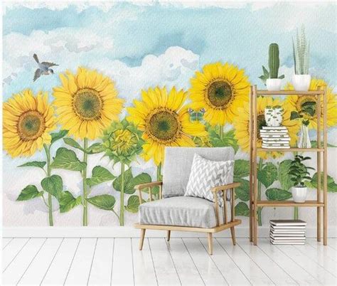 Simple Yellow Sunflowers With Clouds Nursery Wallpaper Wall Mural