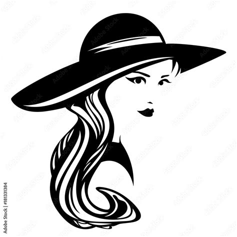 Elegant Woman Wearing Wide Brimmed Hat Design Black And White Vector