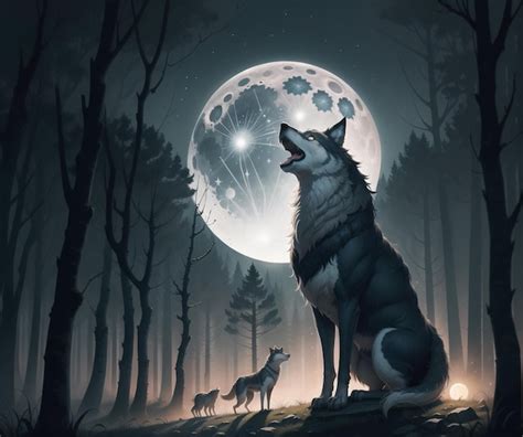 Premium AI Image | A wolf and a moon in the forest