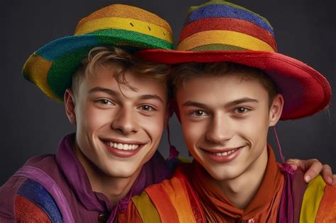 Una Hermosa Pareja Gay Feliz Con Los Colores Del Arco Iris En Un Campo De Flores Mes Del Orgullo