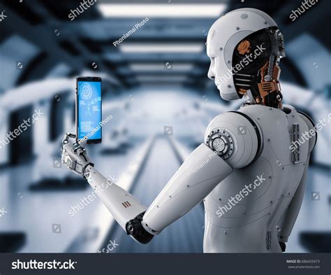 3d Rendering Android Robot Holding Tablet Stock Illustration 686655973