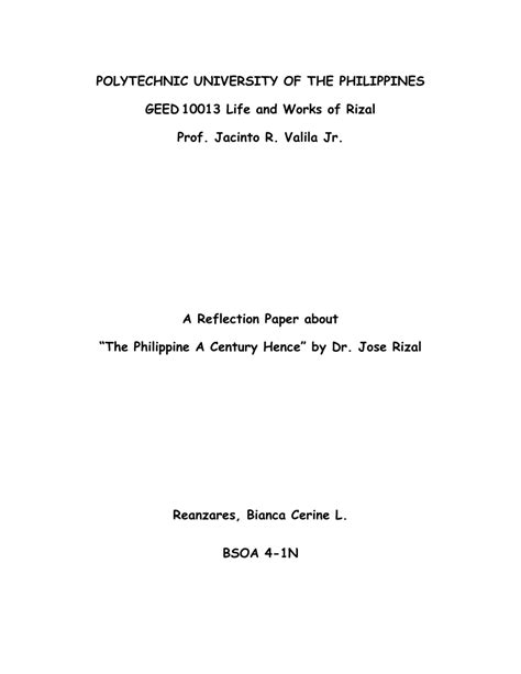 Pdf A Reflection Paper About The Philippine A Century Hence By Dr