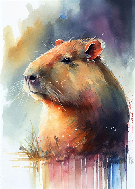 Capybara Watercolor Poster Picture Metal Print Paint By