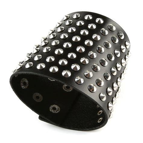 Hzman Black Genuine Leather Silver Stud Wristband 80s Gothic Punk Glam