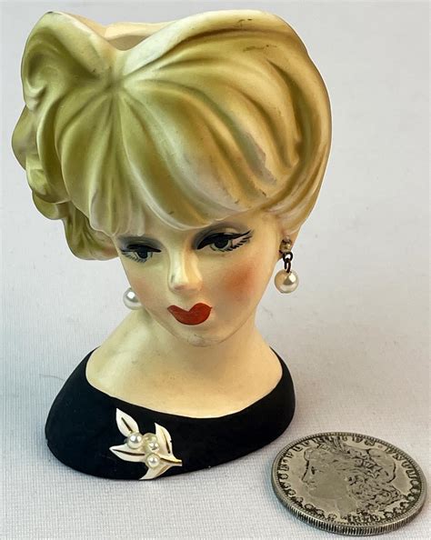 Lot Vintage 1950 S Napcoware Blonde Woman Head Vase W Dangling Pearl