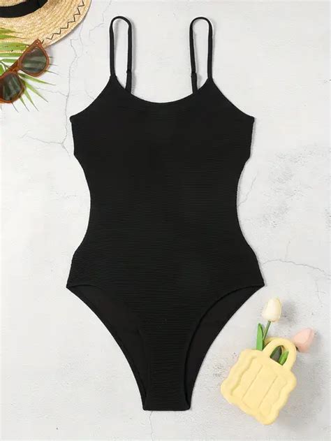 Black V Neck One Piece Swimsuit Cut Spaghetti Straps High Temu