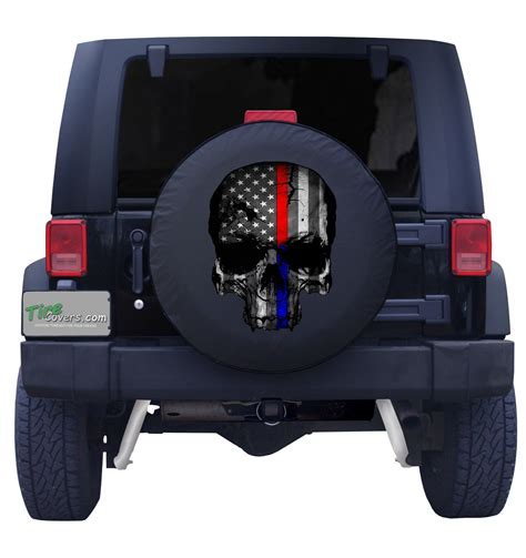 Thin Blue And Red Line American Flag Skull Spare Tire Cover Made