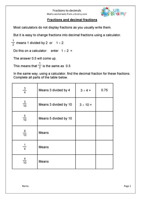 Fractions To Decimals Fraction And Decimal Worksheets For Year 4 Age 8 9 By