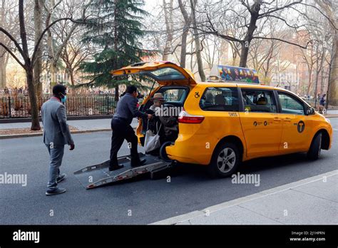 A Nyc Taxi Driver Assists A Wheelchair User Into A New York City Yellow