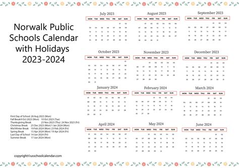 Norwalk Public Schools Calendar with Holidays 2023-2024