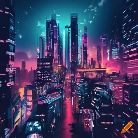 Futuristic Cityscape With Neon Lights And Flying Cars On Craiyon