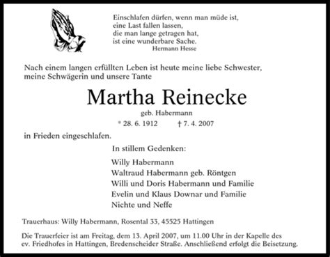 Traueranzeigen Von Martha Reinecke Trauer In Nrw De