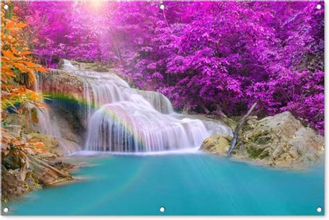 Tuinposter Water Regenboog Waterval Zon Roze Natuur