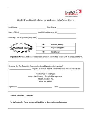 Fillable Online Healthplus Healthyreturns Wellness Lab Order Form