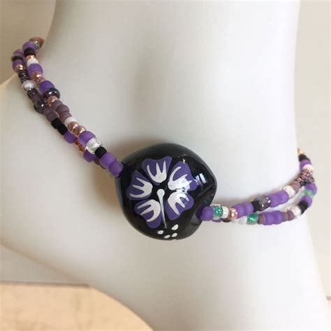 Hawaiian Kukui Nut Purple Flower Stretch X Wrap Anklet Etsy