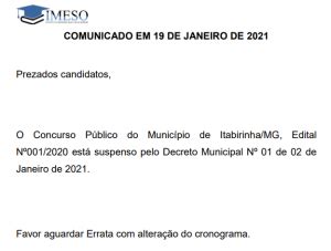 Concurso da Prefeitura de Itabirinha é suspenso SAIBA MAIS