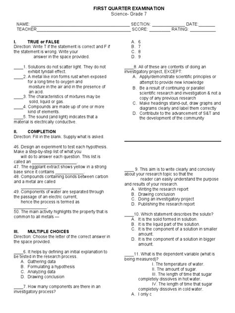 1st Periodic Test Science 7 Pdf Chemical Substances Water