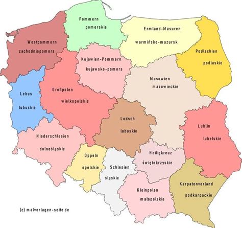 Woiwodschaften von Polen mit Hauptstädten Landkarte Map Continents