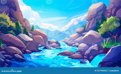 River Flowing Over Huge Boulders Cartoon Background Game Level