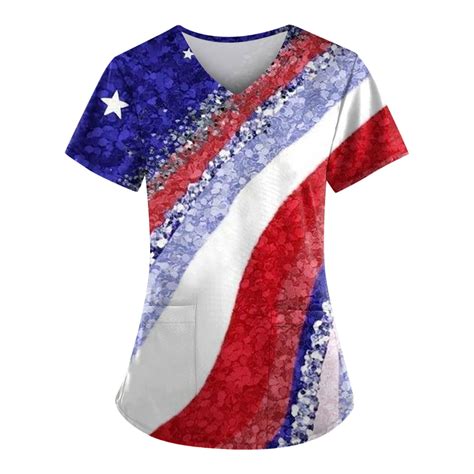 UoCefik 4th Of July Womens Plus Scrub Tops Short Sleeve USA Shirts