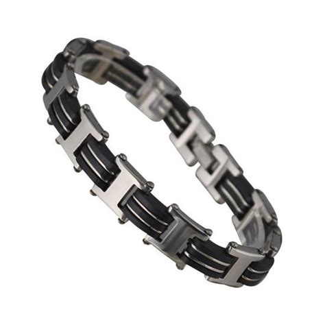 Gourmette Bracelet Homme En Acier Inoxydable Et Caoutchouc Noir Achat