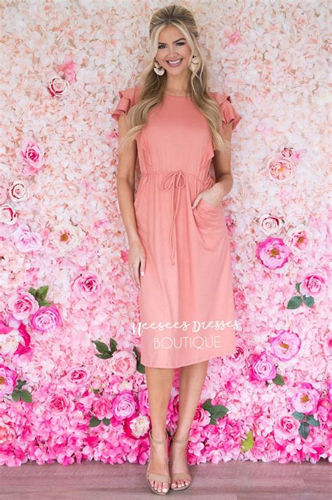 Peach Ruffle Shoulder Modest Church Dress Best And Affordable Modest