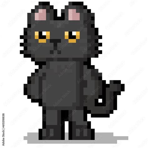 Pixel Art Black Cat Cartoon Character Illustration Ilustración De