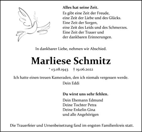 Traueranzeigen Von Marliese Schmitz WirTrauern