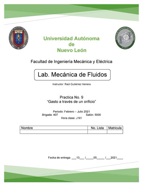 Práctica 9 Laboratorio de mecánica de fluidos Universidad Autónoma