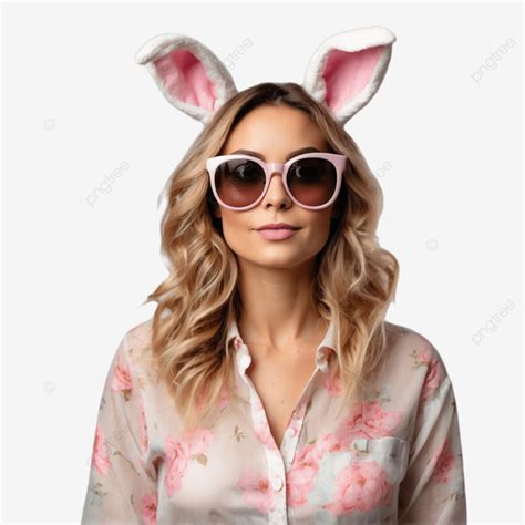 Lovely Easter Girl Wearing Bunny Ears And Red Lipstick Hands Crossed