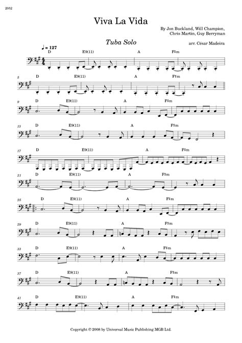 Viva La Vida Arr C Sar Madeira By Coldplay Sheet Music For Tuba Solo