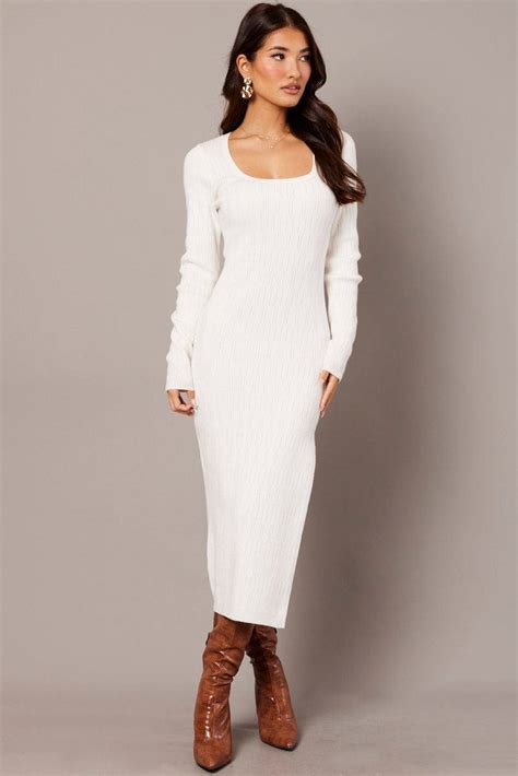 White Knit Dress Long Sleeve Bodycon Ally Fashion