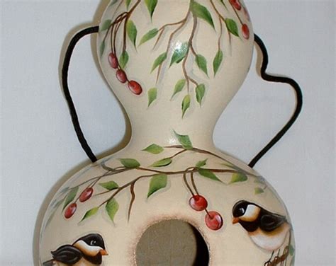 Chickadee With Red Cherries Gourd Birdhouse Hand Painted Etsy